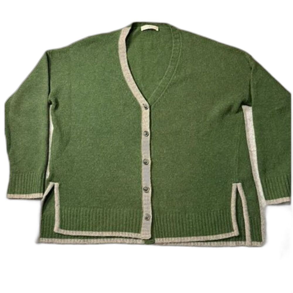 WHYCI Milano 100% Wool Cardigan Sweater Green Contrast Trim Italy Women's L